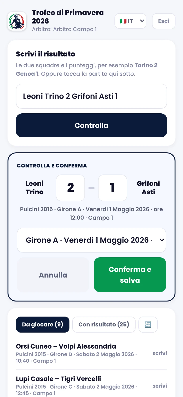 Pagina dell'arbitro sul telefono: controlla e conferma Leoni Trino 2, Grifoni Asti 1