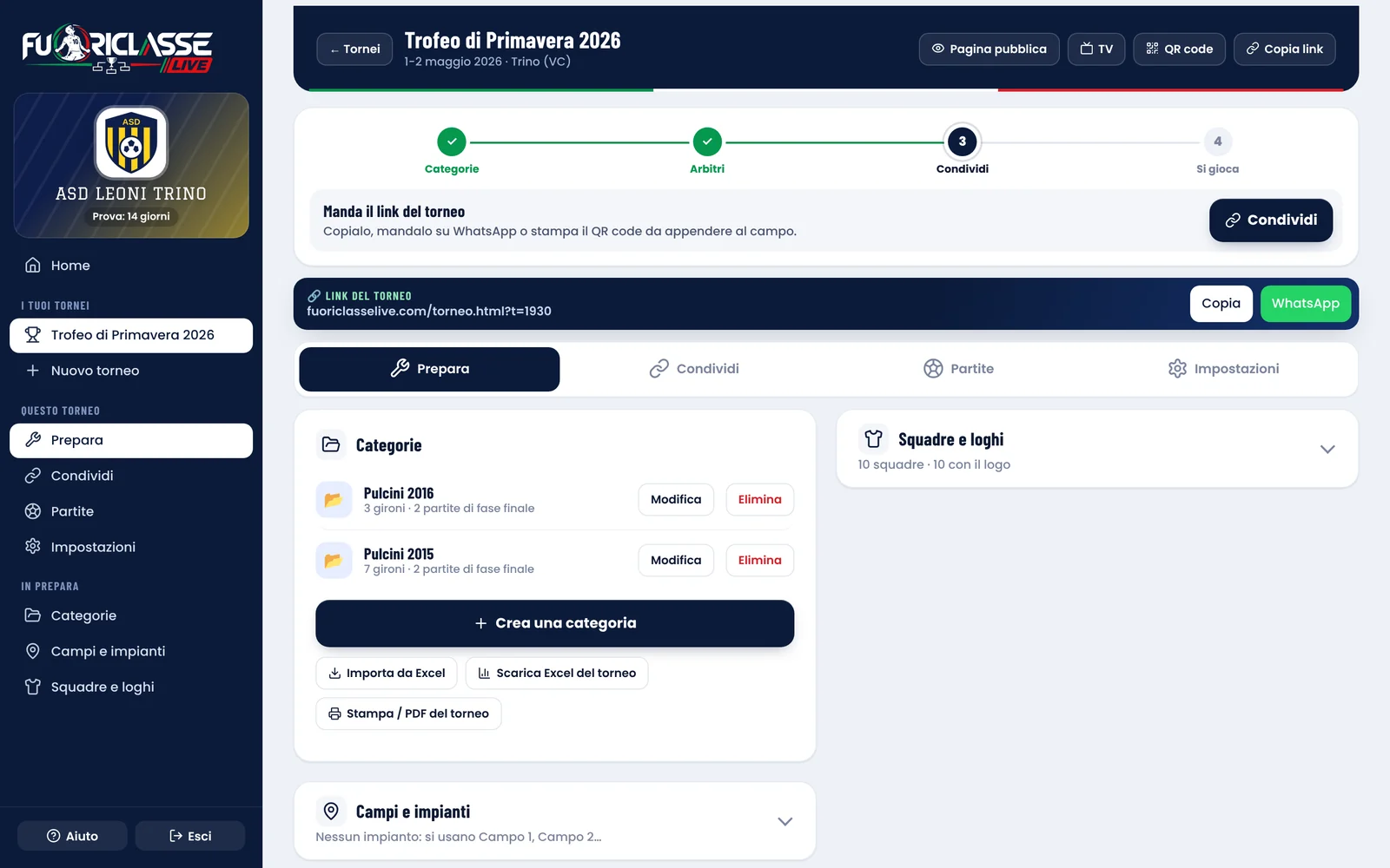 Pannello di Fuoriclasse Live sul computer: il torneo con il percorso in quattro passi, le categorie e il link da condividere