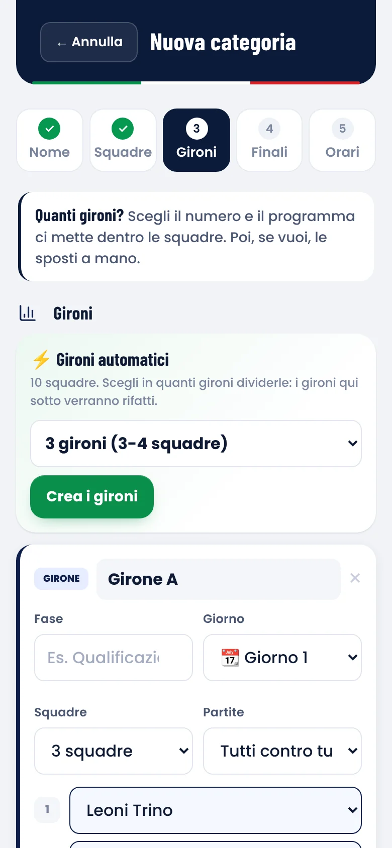 Creazione di una categoria dal telefono: gironi automatici