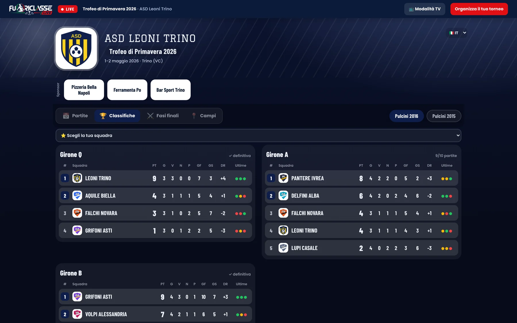 Pagina pubblica del torneo sul computer, con le classifiche dei gironi