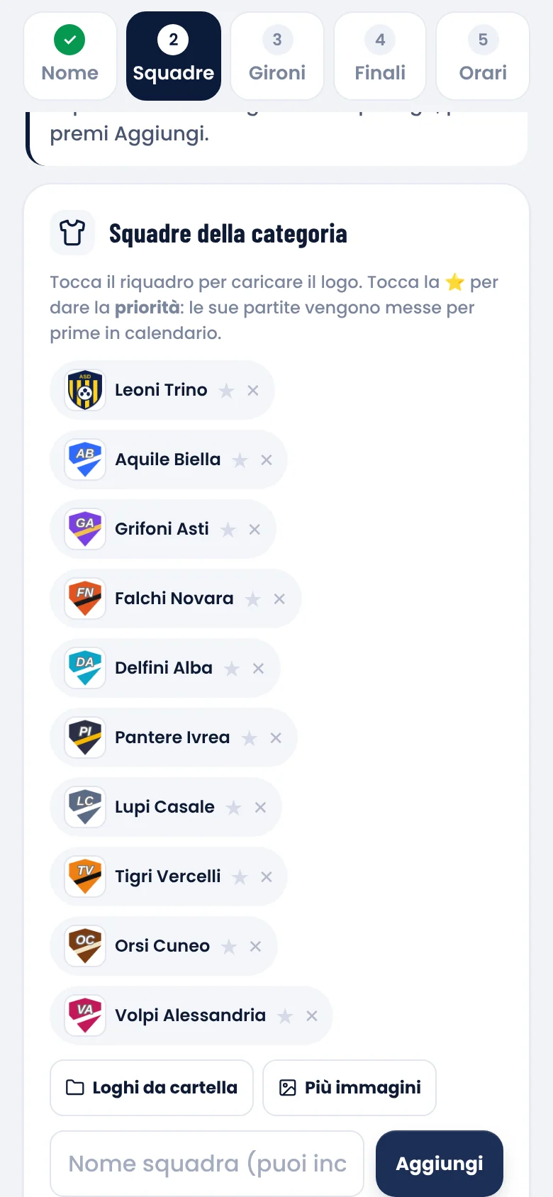Squadre della categoria inserite dal telefono